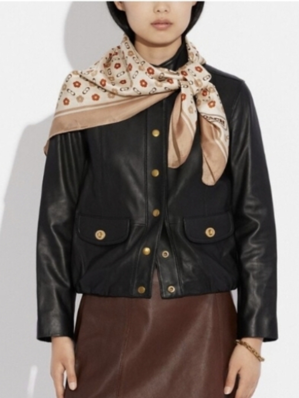 Coach Women's Scarf with Floral Print in Brown and Cream, Silk-Effect